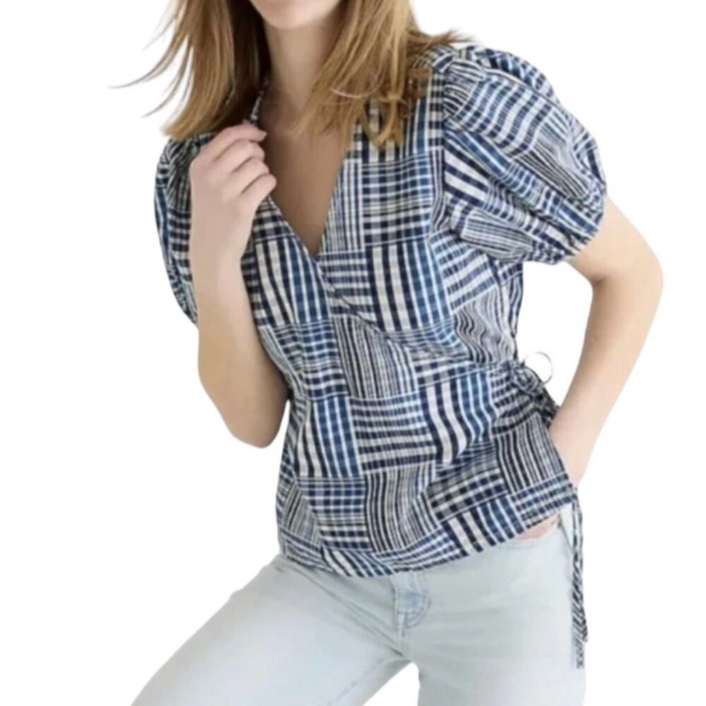 J. CREW Puff Sleeve Wrap Top in Indigo Patchwork, Sz L